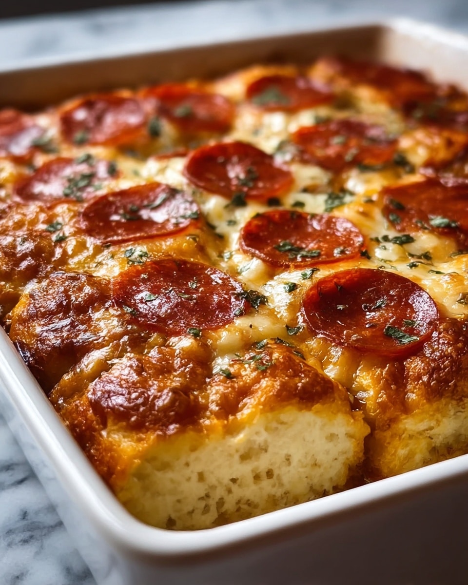 A close-up view of a square white baking dish filled with a golden-brown baked dish that has multiple layers. The bottom layer is soft and pale, looking like a dough or biscuit base. The middle layer is covered with melted cheese that is golden and bubbly with slightly crispy edges. The top layer consists of thin, round slices of pepperoni scattered evenly, with small green herb flakes sprinkled over the surface. The texture of the cheese shows both smooth melted areas and some browned, crispy spots, making the dish look rich and savory. The dish sits on a white marbled surface. photo taken with an iphone --ar 4:5 --v 7