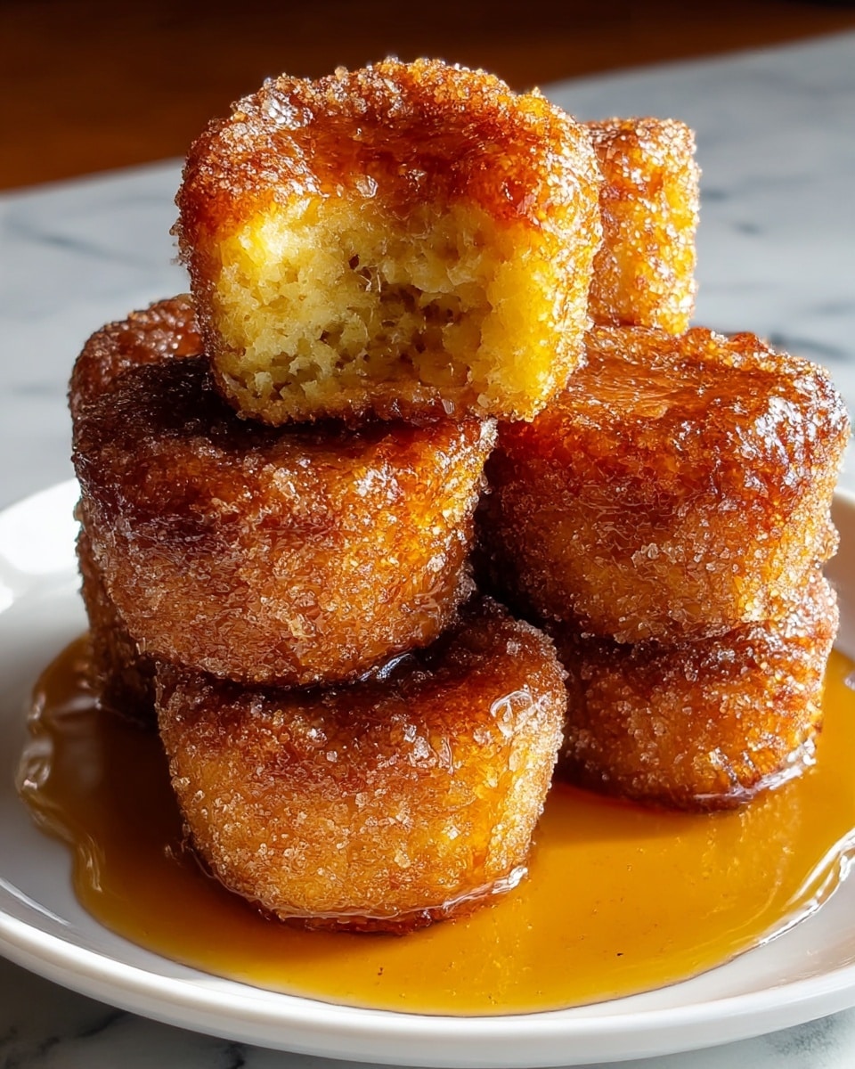 A stack of five small, round, golden brown cakes covered in a glistening layer of sticky syrup, with the top cake slightly cracked open showing a soft, crumbly yellow inside. The cakes have a rough outer texture sprinkled with granulated sugar, creating a sparkly crust. They sit on a white plate with syrup pooling around the base, all placed on a white marbled surface. The light highlights the syrup's shine and the sugar crystals on the cakes, giving a warm and inviting look. Photo taken with an iphone --ar 4:5 --v 7