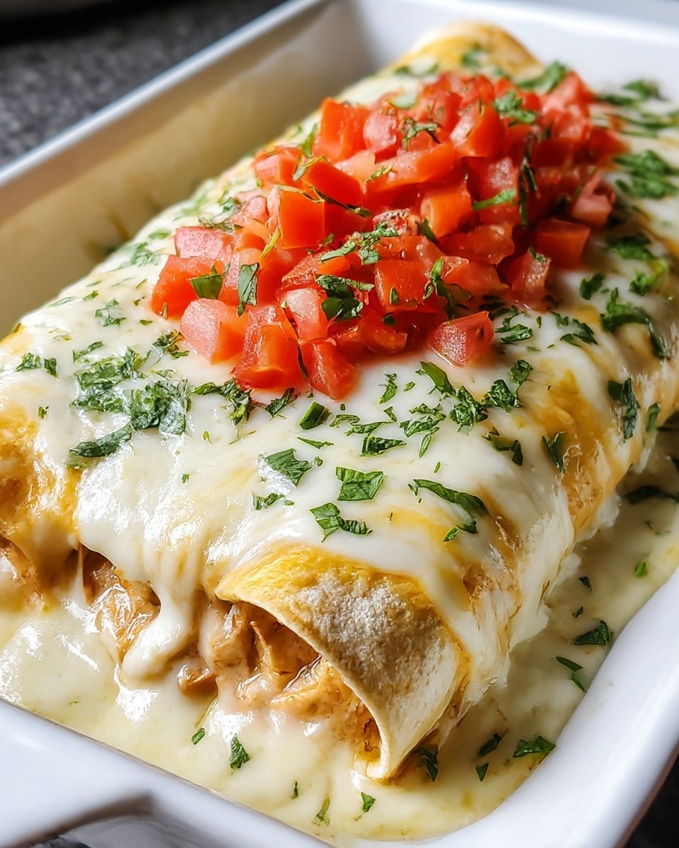 A rolled enchilada sits in a white rectangular dish filled with creamy melted white cheese that oozes and stretches at the edges, showing chunks of cooked chicken inside, with the enchilada tortilla having a light golden-brown color. It is topped with a fresh pile of diced red tomatoes and sprinkled green cilantro that adds a pop of color and texture. The whole dish looks rich and gooey with a smooth, shiny cheese layer. photo taken with an iphone --ar 4:5 --v 7
