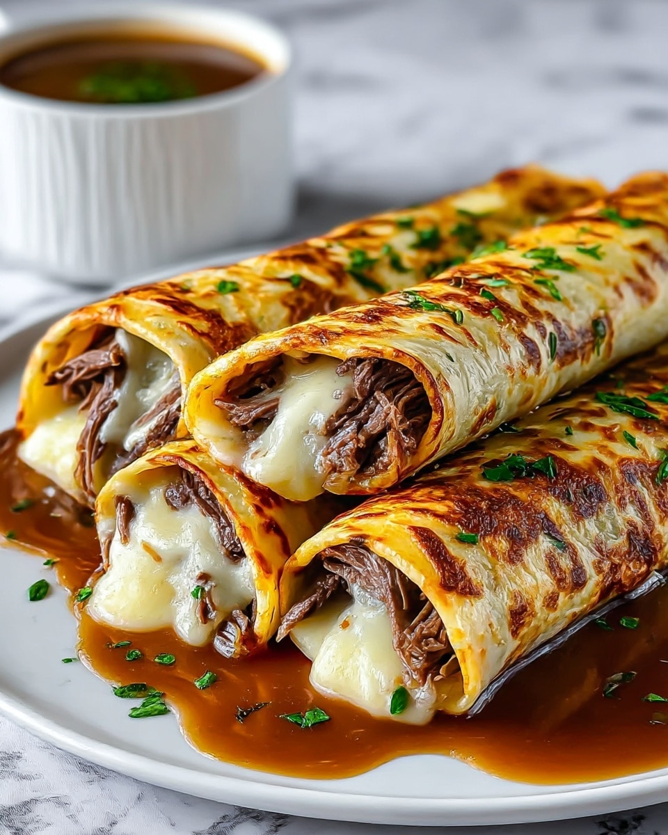 The image shows three rolled crepes filled with shredded brown meat and melted white cheese peeking out from each end, all stacked closely on a white plate with brown sauce pooling underneath. The crepes are golden brown with crispy spots and sprinkled with chopped green herbs. Behind the plate, there is a white cup filled with more brown sauce. The setting has a white marbled surface under the plate. photo taken with an iphone --ar 4:5 --v 7