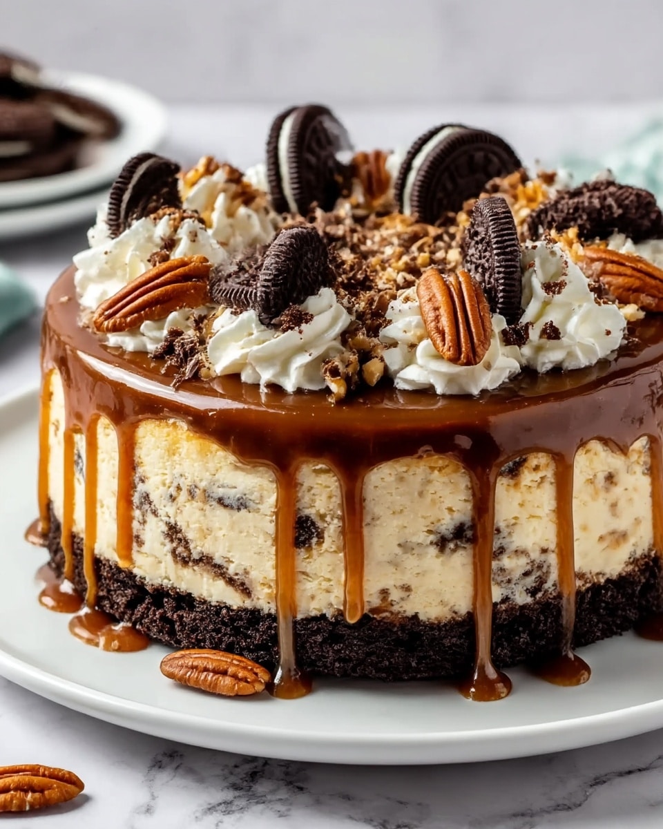 The image shows a rich, three-layer cheesecake on a white plate, set on a white marbled surface. The bottom layer is a dark, crumbly chocolate crust. The middle layer is thick, creamy cheesecake with visible bits of crushed cookies mixed in. The top layer has a shiny, smooth caramel glaze that drips down the sides in thick streams. Around the edge of the top, there are swirls of white whipped cream topped with small pieces of chopped nuts and grated chocolate. In the center, several Oreo cookie halves and whole pecans are arranged as decoration. Photo taken with an iphone --ar 4:5 --v 7