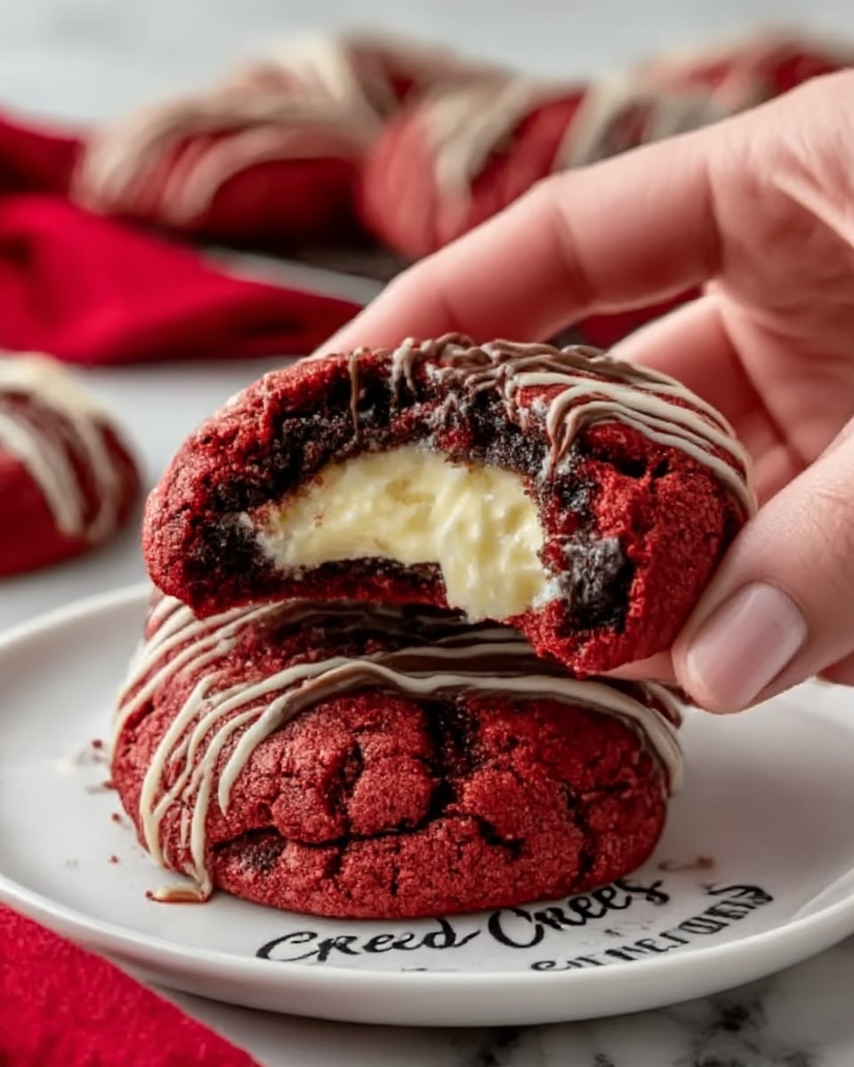 The image shows three red velvet cookies stacked on a white plate with black text. Each cookie has a cracked surface, revealing a soft, dark red inside with melted white cream cheese in the center. One cookie is held by a woman's hand, showing a bite taken out, exposing the creamy white filling. The cookies are drizzled with thin lines of milk chocolate on top. The plate rests on a white marbled surface with a blurred red cloth and more cookies in the background. photo taken with an iphone --ar 4:5 --v 7