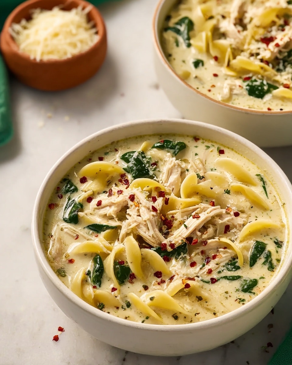 Two white bowls filled with creamy chicken noodle soup are shown on a white marbled surface. The soup has a thick, off-white broth with visible green spinach leaves and shredded chicken pieces mixed in. The egg noodles are yellow and curled, floating on top and throughout the soup. The surface has sprinkled red pepper flakes and herbs adding small red and green specks. In the background, there is a small clay bowl with grated cheese that is slightly out of focus. Photo taken with an iphone --ar 4:5 --v 7