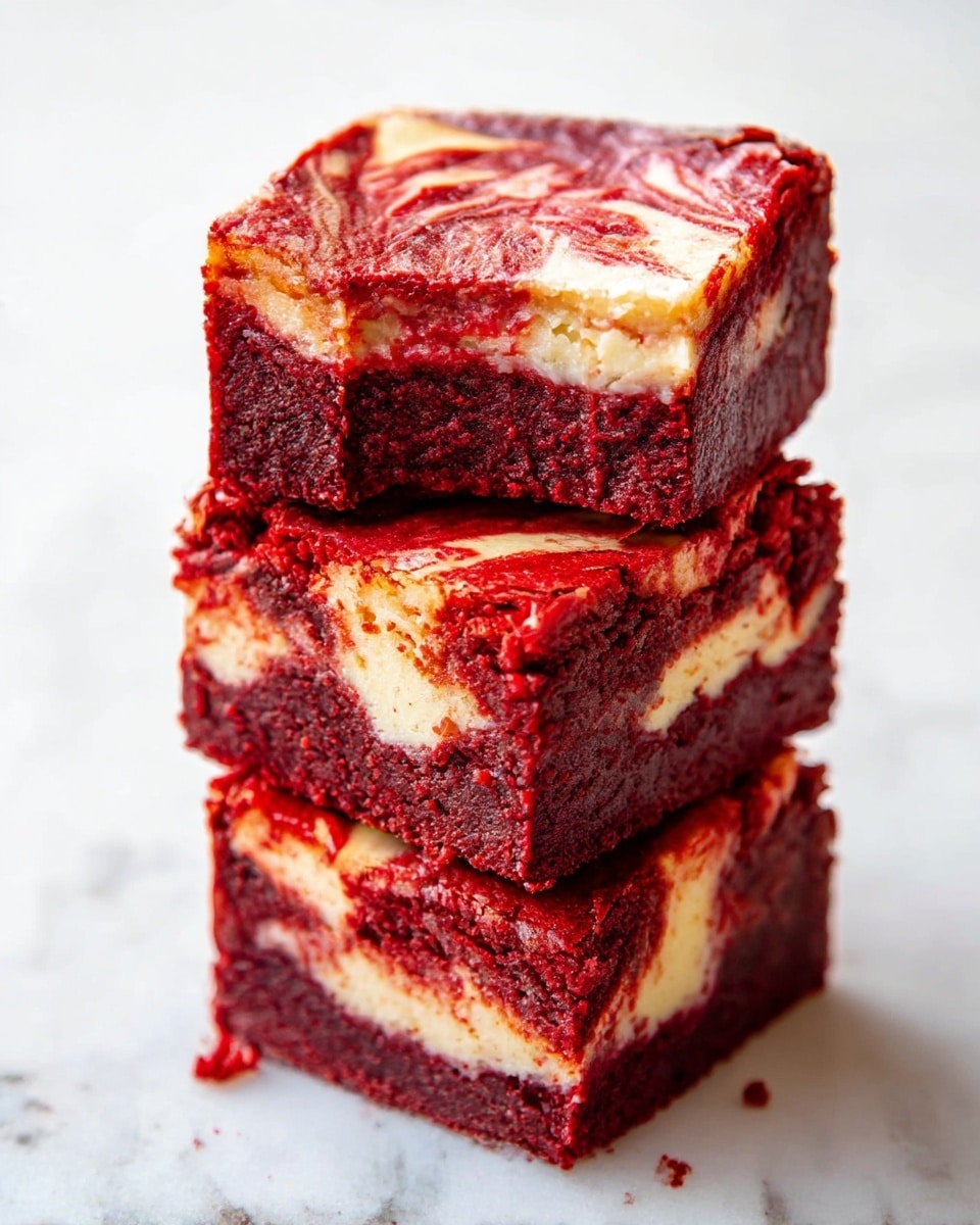 Three square pieces of red velvet cheesecake brownies are stacked on top of each other on a white marbled surface. Each piece shows two contrasting layers: a deep red, moist brownie base and a creamy, light-colored cheesecake layer swirled with red, creating a marble effect on the top surface. The top brownie piece has a bite taken out of one corner, showing the soft texture inside. The brownies have a rich, dense look with some crumbs scattered at the base. photo taken with an iphone --ar 4:5 --v 7