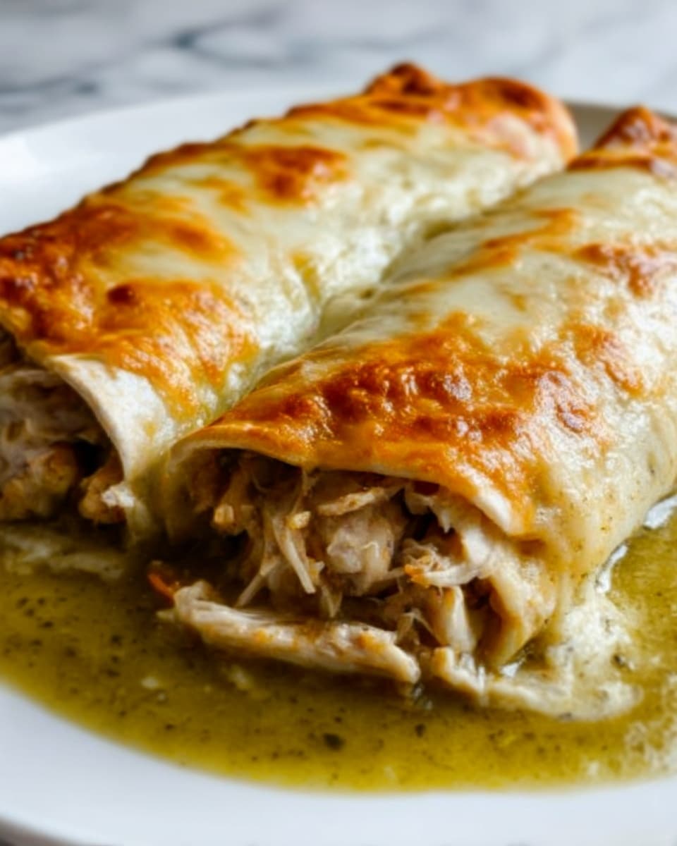 The image shows two rolled enchiladas on a white plate, each covered with melted cheese that is golden brown and slightly crispy on top. The enchiladas are filled with shredded chicken, visible where the cheese layer is thinner. Below the chicken and cheese is a green sauce that looks creamy and smooth, spreading around the base of the enchiladas on the plate. The close-up view highlights the texture of the melted cheese, the tender chicken, and the sauce pooling beneath. The background is a white marbled surface. Photo taken with an iphone --ar 4:5 --v 7