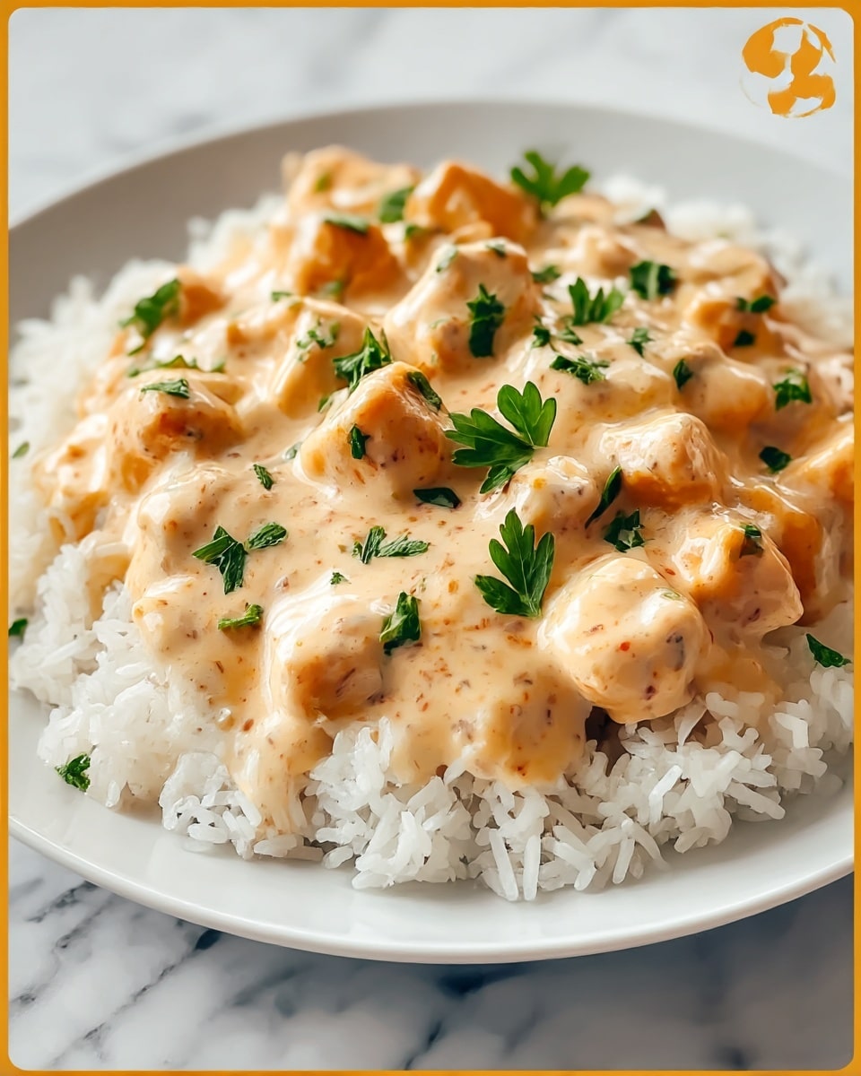 A white plate holds a layer of fluffy white rice as the base, topped with a thick creamy sauce that covers bite-sized chunks of golden-brown chicken. The sauce has a smooth texture with a pale orange color mixed with tiny specks of seasoning. Small pieces of fresh green parsley are sprinkled on top, adding a touch of color. The plate is set on a white marbled surface. photo taken with an iphone --ar 4:5 --v 7