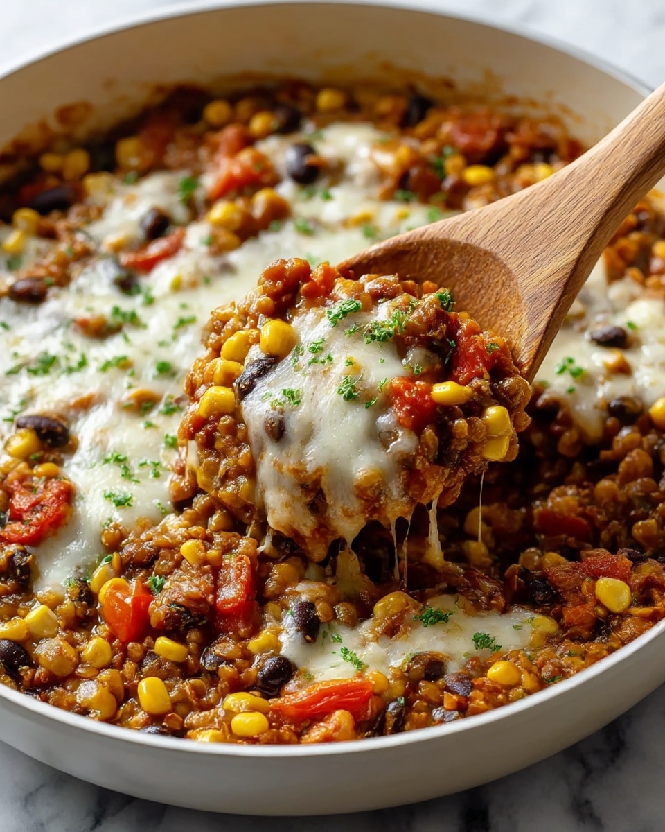 The dish is a colorful lentil stew in a white pan with a wooden spoon lifting a scoop. The food has three main layers: a base of brown lentils mixed with yellow corn and black beans, scattered irregularly with red tomato pieces, creating a mix of warm colors. The middle layer is melted white cheese that is slightly stringy and spread in patches. The top layer includes small green chopped herbs sprinkled over the cheese. The texture is thick and chunky with a mix of soft and firm ingredients against a white marbled surface. photo taken with an iphone --ar 4:5 --v 7
