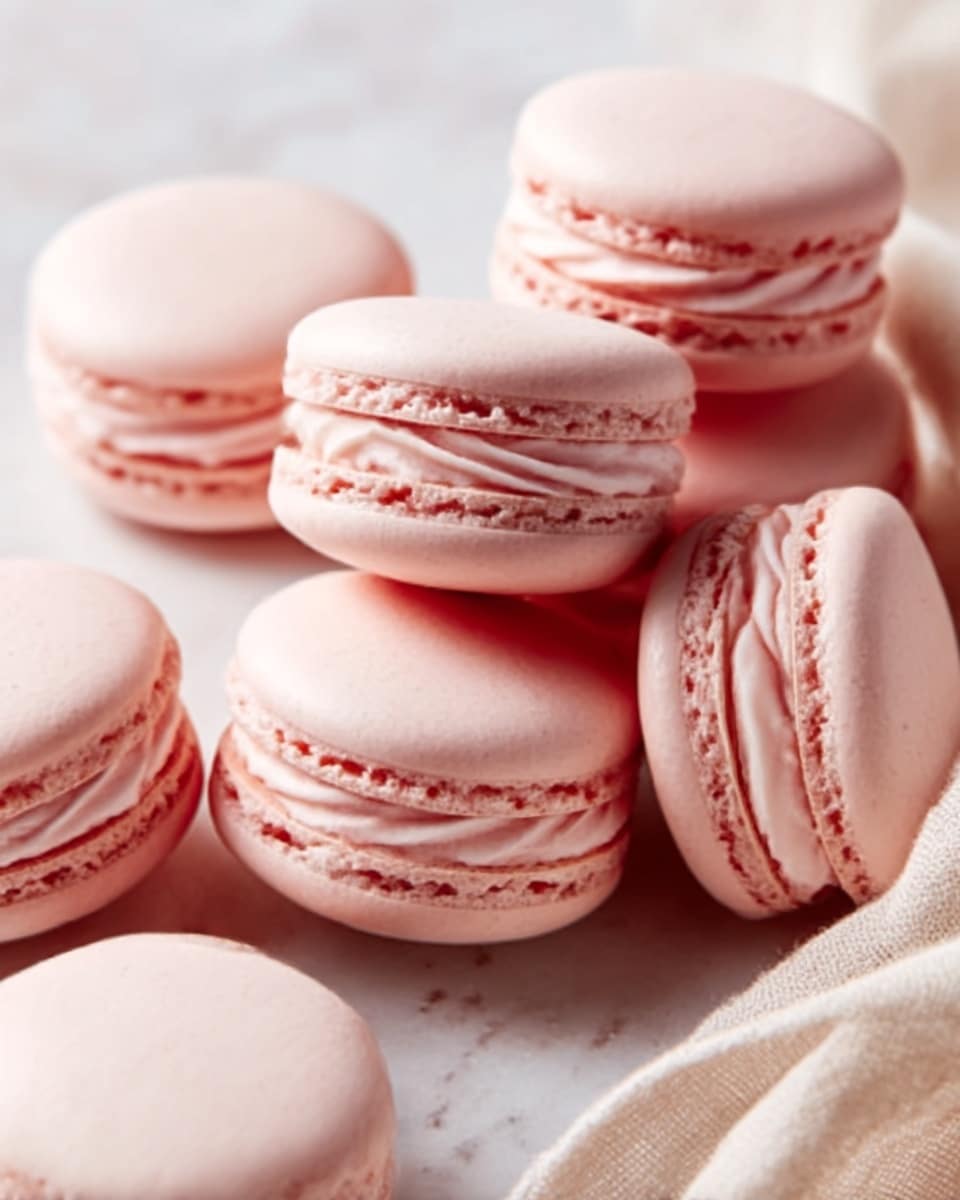 The image shows several pale pink macarons stacked and scattered on a white marbled surface, with soft light creating a gentle glow. Each macaron has two smooth, round shells with a slightly rough textured edge where they meet, sandwiching a creamy, light pink filling that looks smooth and soft. The macarons are close together, some overlapping, and there is a beige cloth partially visible on the right side adding a cozy touch. photo taken with an iphone --ar 4:5 --v 7