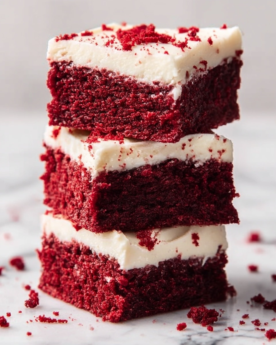 A stack of three square red velvet brownies with thick white cream cheese frosting on top of each piece, showing crumbly deep red cake layers with a soft and moist texture, small cake crumbs scattered around the base on a white marbled surface, the frosting smooth and creamy with some red crumbs sprinkled on it, each brownie layer evenly cut and piled neatly. photo taken with an iphone --ar 4:5 --v 7