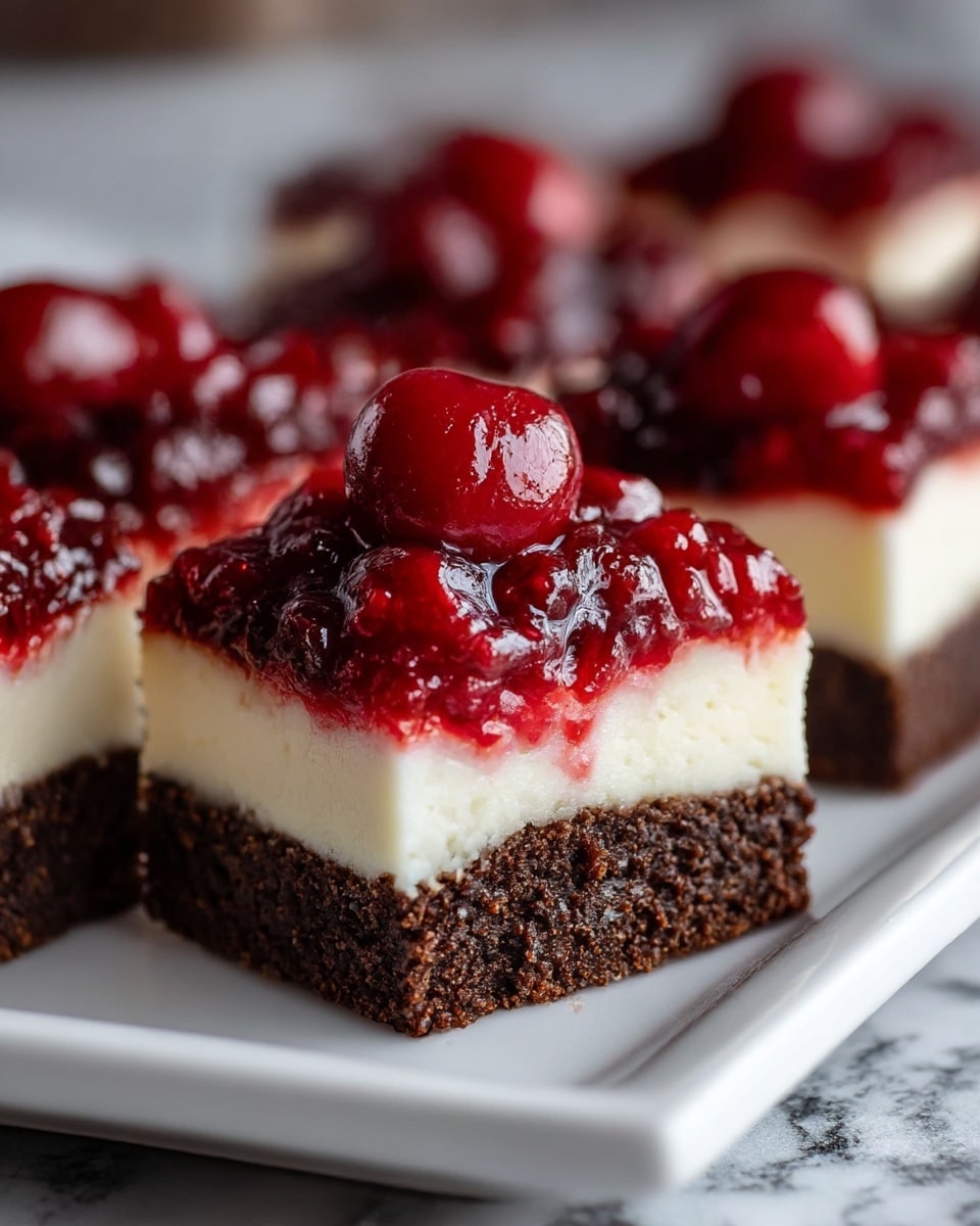 A close-up of square dessert bars with three layers: the bottom layer is a dense, dark brown brownie base with a crumbly texture; the middle layer is a smooth, creamy white cheesecake; and the top layer is a bright red cherry topping with whole glossy cherries and a slightly chunky sauce. These bars are arranged on a white rectangular plate with a white marbled surface underneath. The background is softly blurred, emphasizing the rich colors and textures of the dessert, photo taken with an iphone --ar 4:5 --v 7