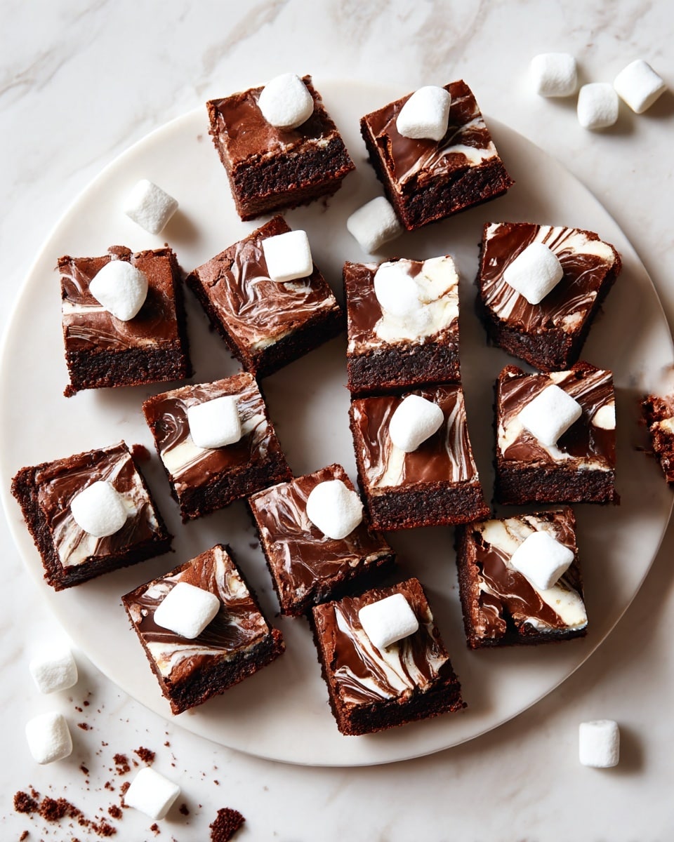 The image shows a round white plate placed on a white marbled surface, filled with fifteen small square chocolate brownies arranged close together. Each brownie has two visible layers: a dense, dark brown base layer topped with a glossy dark chocolate layer mixed with white swirls creating a marbled pattern. On top of most brownies sits a single small, white, soft marshmallow. There are a few white marshmallows scattered around the plate and some brownie crumbs on the marbled surface, adding to the casual presentation. Photo taken with an iphone --ar 4:5 --v 7