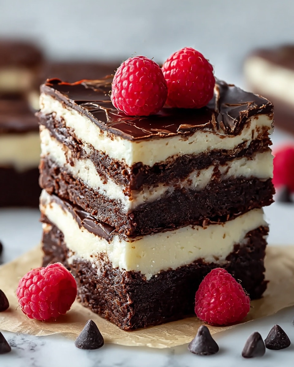 The image shows two square pieces of brownie cheesecake stacked on top of each other. Each piece has three main layers: a dark brown, rich brownie base at the bottom; a thick, creamy white cheesecake layer in the middle; and a thin, shiny layer of dark chocolate on top that is slightly cracked. On the top brownie, two bright red raspberries sit in the center. Around the brownies, there are a few more raspberries and dark chocolate chips scattered on a piece of parchment paper against a white marbled surface. The focus is close, showing the textures of the chocolate, cheesecake, and fruit clearly. Photo taken with an iphone --ar 4:5 --v 7