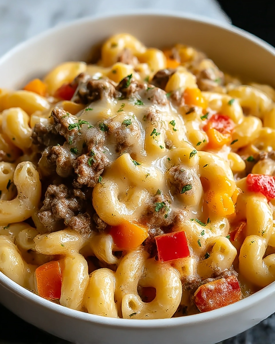 A close-up of a bowl filled with creamy macaroni pasta layered with ground beef chunks and melted cheese. The pasta is light yellow with a smooth texture, mixed with small pieces of orange and red bell peppers scattered around. The ground beef is brown and crumbly, sitting on top of and mixed in with the pasta, all covered with a glossy layer of melted cheese. Sprinkles of green herbs are visible on the surface, enhancing the colors. The dish is served in a white bowl, placed on a white marbled surface. photo taken with an iphone --ar 4:5 --v 7