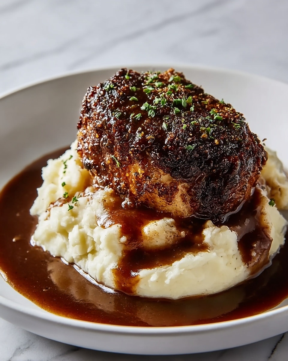 A dish with two layers on a white plate set on a white marbled surface: the bottom layer is creamy mashed potatoes with a soft, fluffy texture in off-white color, topped with a thick, dark brown gravy dripping down the sides; the top layer is a thick, round piece of blackened, crispy crusted meat with a slightly charred surface and a textured, seasoned coating, garnished with small green herb bits scattered on top. Photo taken with an iphone --ar 4:5 --v 7