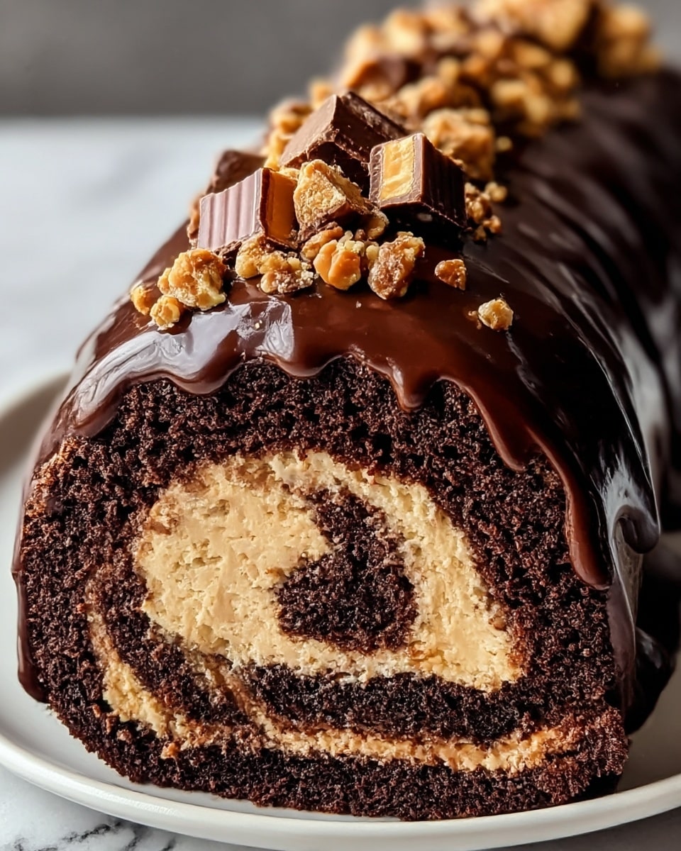 A close-up of a chocolate roll cake slice shows multiple layers starting with a dark, moist chocolate cake surrounding a lighter, creamy beige filling, rolled tightly to reveal a swirl pattern. The top layer is covered with shiny, smooth chocolate ganache that drips slightly down the sides. On top of the ganache are small chunks of golden toffee and chocolate pieces, adding texture and contrast. The dessert sits on a white plate with a white marbled textured background. photo taken with an iphone --ar 4:5 --v 7
