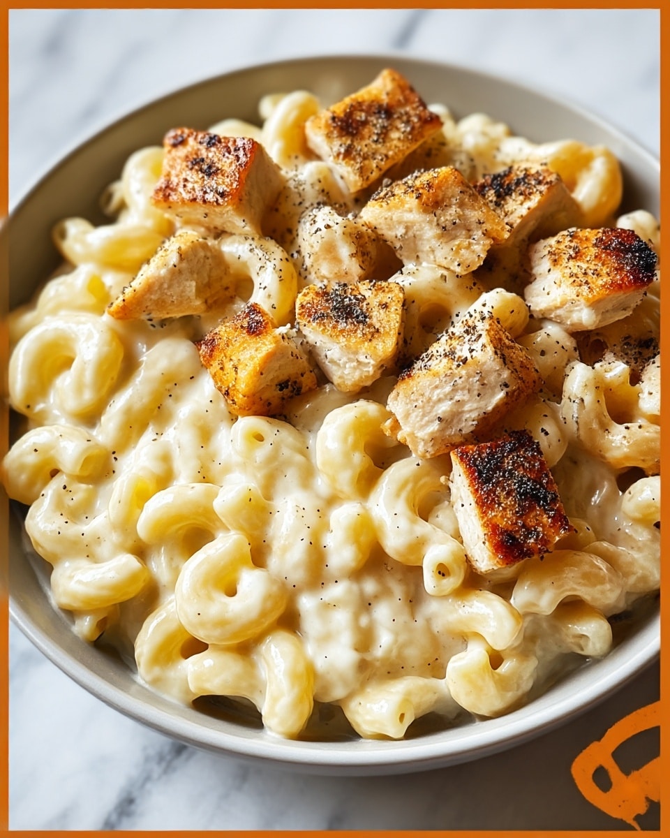 A bowl filled with creamy macaroni pasta as the bottom layer, its pale yellow sauce closely coating each curved macaroni piece with a smooth, glossy texture; on top of the pasta are several bite-sized, golden-brown grilled chicken cubes, slightly charred with dark seasoning specks evenly spread over them; the bowl is white and set against a white marbled texture. photo taken with an iphone --ar 4:5 --v 7