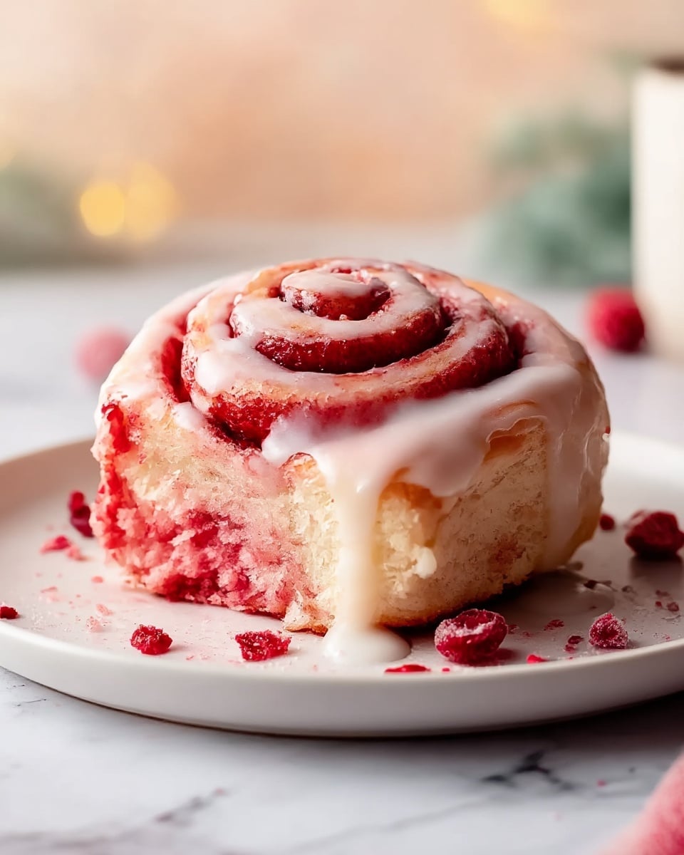 A pink cinnamon roll sits on a white plate with soft, fluffy layers tightly coiled, showing a deep red filling swirled inside. A thick layer of white glaze drips smoothly over the top and down the sides, with crumbs and bits of red fruit scattered around the base. The texture looks soft and moist, with the swirl pattern clearly visible. The background is softly blurred with a white marbled surface beneath the plate. photo taken with an iphone --ar 4:5 --v 7