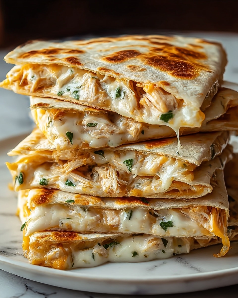 A stack of four golden-brown quesadilla quarters is shown on a white plate, each folded tortilla revealing layers of creamy melted white cheese mixed with chunks of shredded chicken and small green herb bits. The tortillas have a slightly crispy texture with browned spots, and the filling looks gooey and rich. The edges of the quesadilla layers are slightly puffed, and some cheese stretches lightly between the folds, emphasizing the melty texture. The background is a white marbled texture, making the warm colors of the quesadilla stand out. Photo taken with an iphone --ar 4:5 --v 7