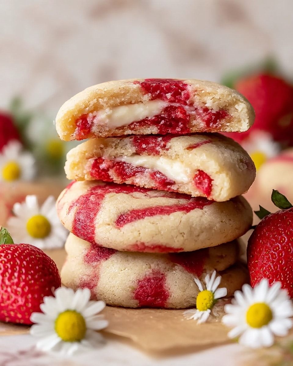 A stack of four round cookies with light beige dough and bright red strawberry swirls, with the top two cookies cut in half to reveal a creamy white filling inside. The cookies have a soft, slightly crumbly texture with distinct red streaks running through them. Fresh whole strawberries and small white daisies with yellow centers are placed around the cookies on a light brown parchment paper, all set against a white marbled texture. photo taken with an iphone --ar 4:5 --v 7
