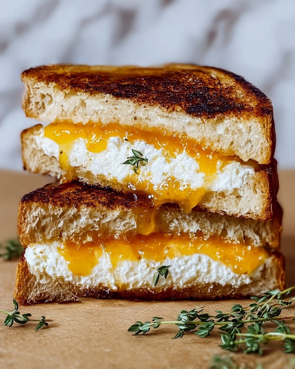 The image shows a close-up of a grilled sandwich cut into two triangular halves stacked on each other. The sandwich has two layers of toasted bread with a golden brown, slightly charred surface. Inside, the first layer consists of bright orange jelly that glistens and oozes slightly from the edges. The second layer is white, crumbly cheese that looks soft and creamy. Small green thyme leaves are scattered within the cheese and jelly layers, adding a touch of color. The sandwich sits on a light brown surface with a few sprigs of fresh thyme nearby. The background is a white marbled texture. photo taken with an iphone --ar 4:5 --v 7