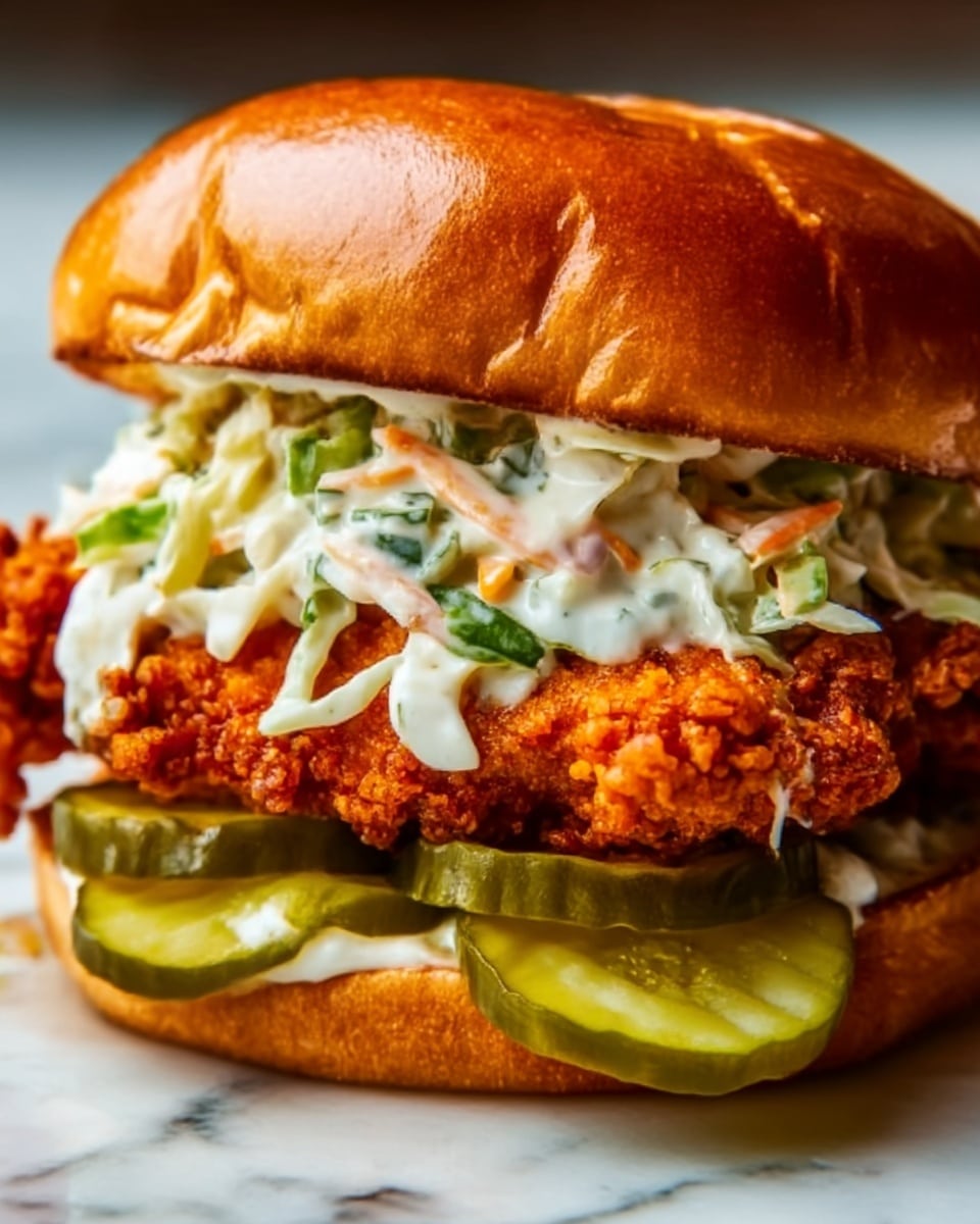 A close-up of a crispy fried chicken sandwich with a shiny golden-brown bun on top, followed by a layer of creamy white coleslaw with visible green and orange bits, then a thick, crunchy, deep orange fried chicken piece, and at the bottom, several green pickle slices resting on the bottom half of the bun. The sandwich is placed on a white marbled surface. Photo taken with an iphone --ar 4:5 --v 7
