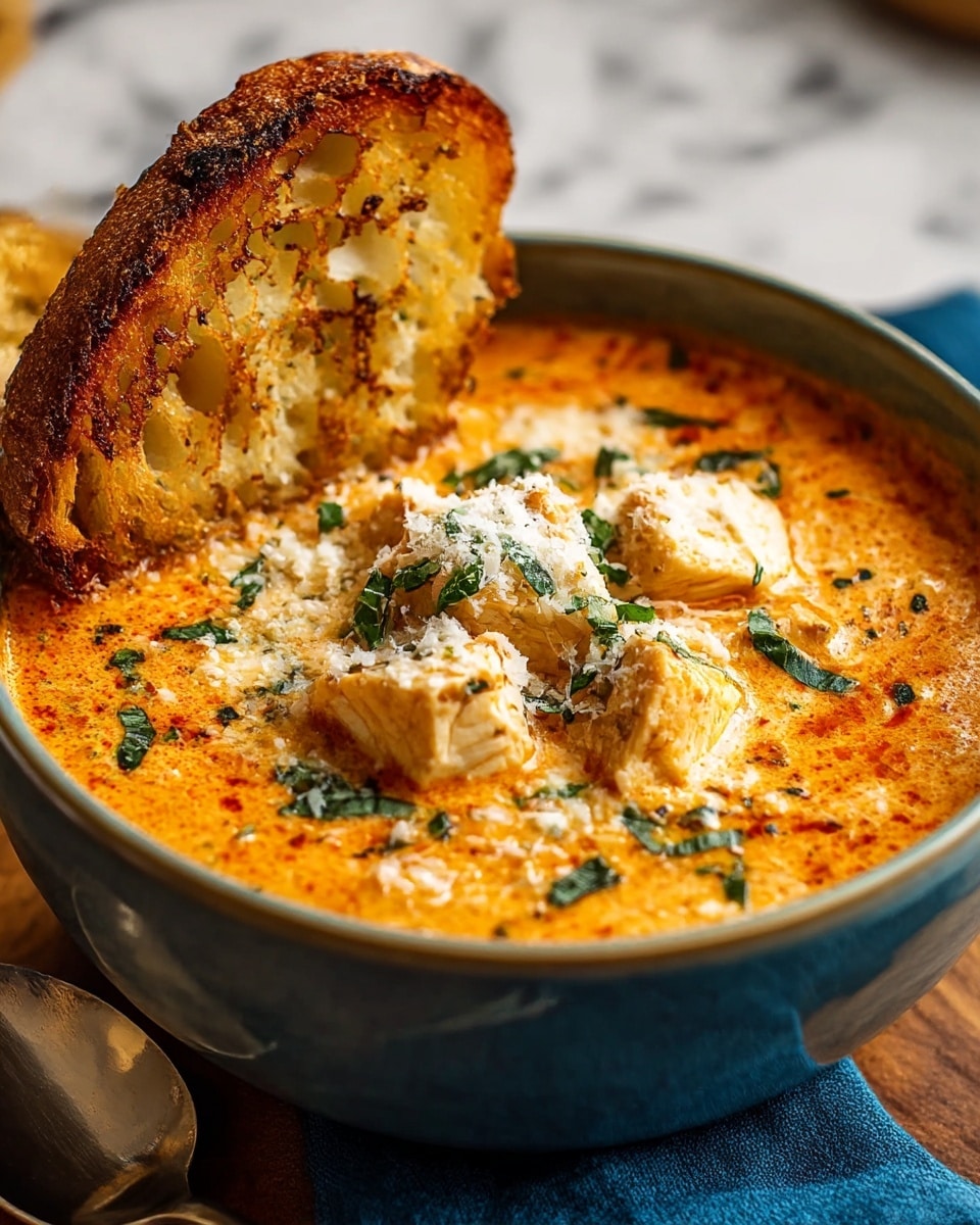 A close-up of a deep bowl filled with creamy orange soup with a smooth texture. On top of the soup, there are chunky pieces of chicken sprinkled with chopped green herbs and grated white cheese. Resting on the edge of the bowl is a piece of golden-brown toasted bread with a crispy texture and visible seasoning. The bowl sits on a wooden surface with a spoon lying nearby on a blue cloth napkin, all set against a white marbled textured background. Photo taken with an iphone --ar 4:5 --v 7