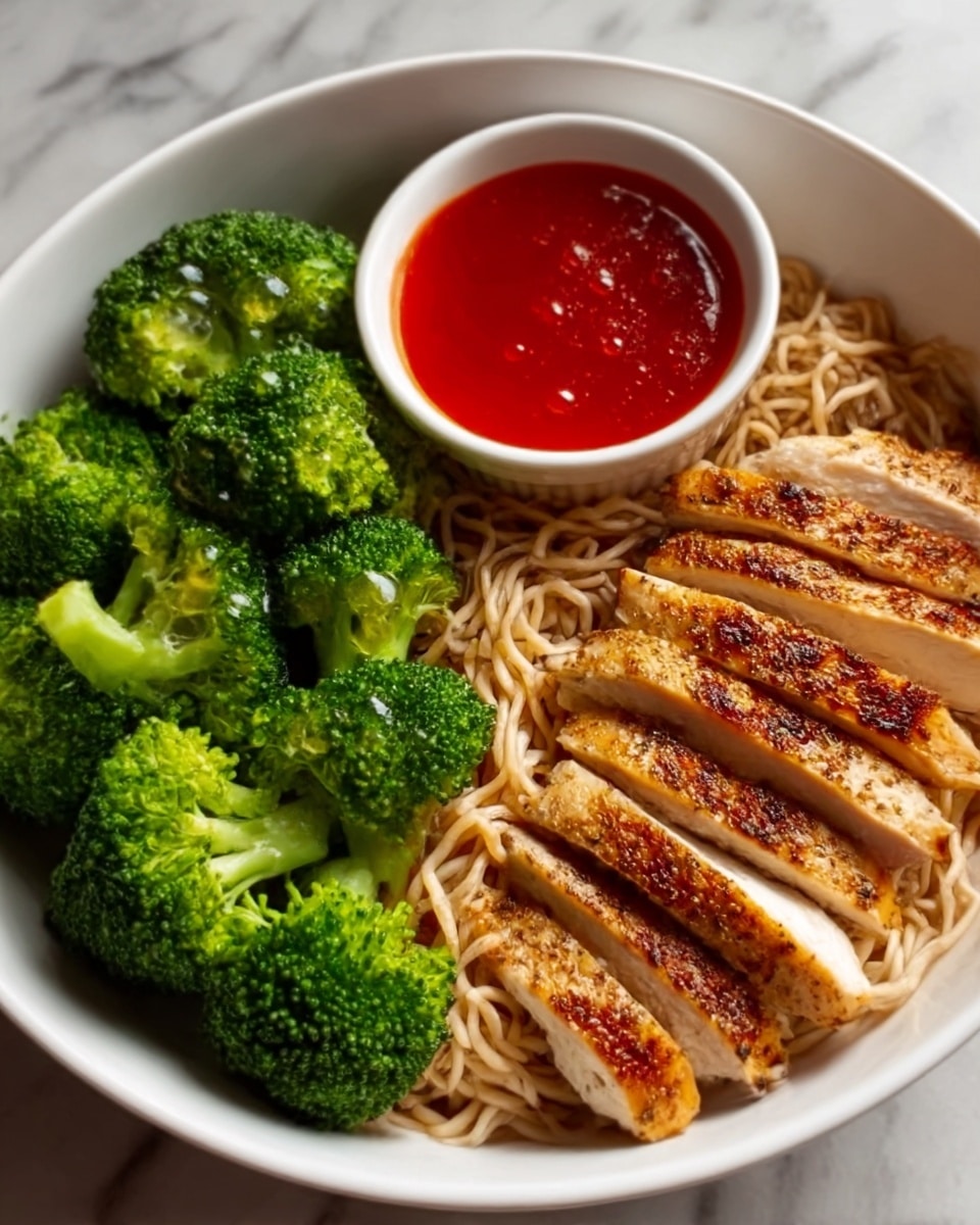 A white bowl filled with three main sections: on the left, a large portion of bright green steamed broccoli with small water droplets; below the broccoli, a bed of light brown cooked noodles with a soft texture; on the right, several slices of grilled chicken breast with a golden brown, slightly charred surface and visible seasoning, arranged in a neat row. A small white cup with bright red sauce sits at the top center of the bowl. The bowl is placed on a white marbled surface. Photo taken with an iphone --ar 4:5 --v 7