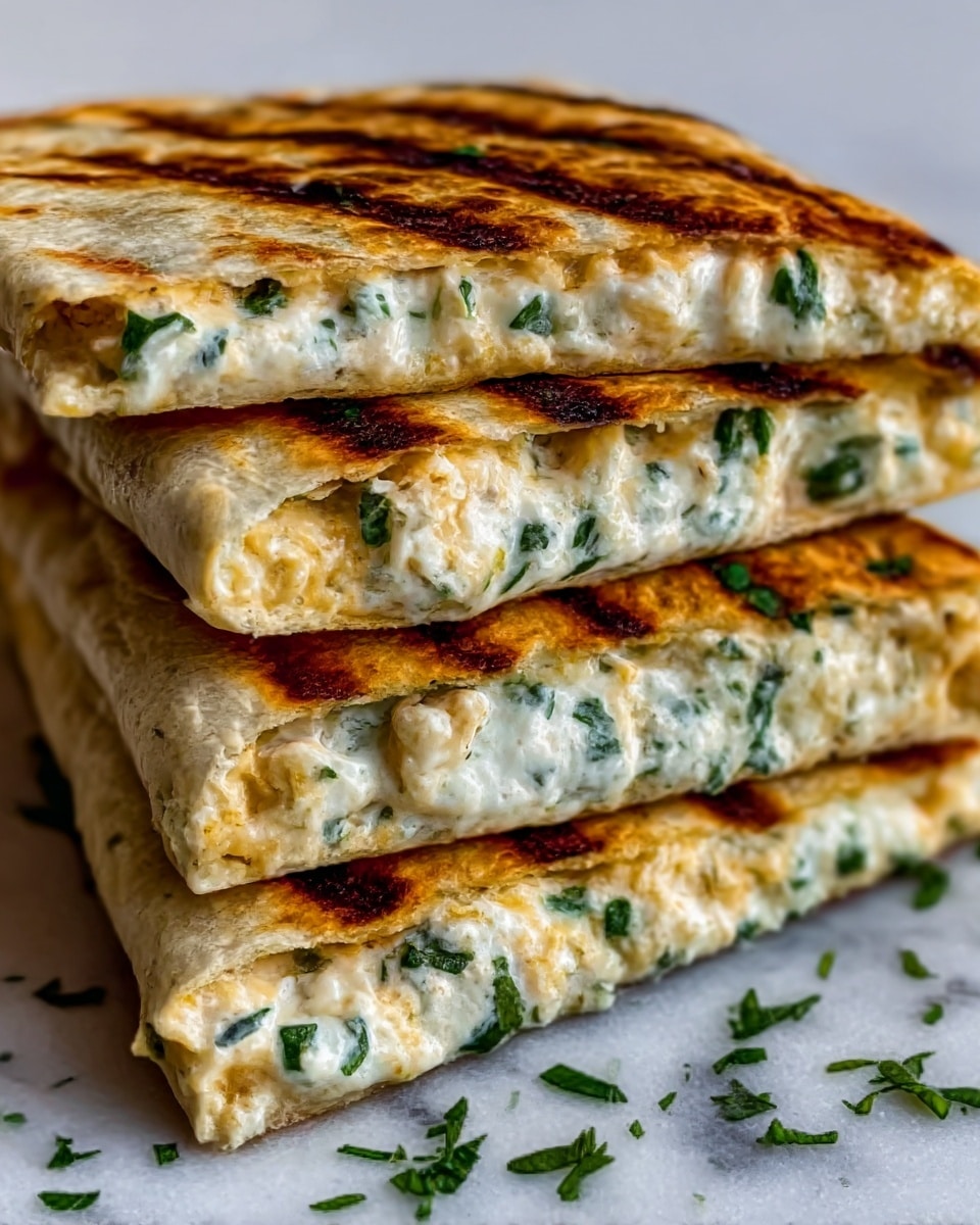 The image shows a close-up of a stack of four grilled quesadillas, cut in half and layered on top of each other. Each quesadilla has a golden brown, slightly crispy outer layer with visible grill marks. Inside the quesadillas, there is a creamy white cheese filling mixed with green herbs, which looks soft and melted. The stack rests on a white marbled surface, and small bits of green herbs are scattered around the base of the quesadillas. The lighting highlights the texture of the grilled bread and the gooey cheese inside. Photo taken with an iphone --ar 4:5 --v 7