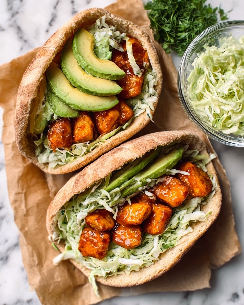 The image shows two pita sandwiches filled with layers of food, resting on brown parchment paper on a white marbled surface. Each pita has an outer light brown textured flatbread that is slightly toasted. Inside, the first layer is shredded white cabbage mixed with green herbs, spread across the bottom. The next layer is bright orange crispy tofu pieces with a shiny glaze, placed in the middle. On top of the tofu is a layer of thinly sliced pale green avocado. The sandwiches are cut in half, showing all the layers clearly. On the side, there is a clear glass bowl with fresh green herbs and a small white bowl filled with extra shredded cabbage salad. photo taken with an iphone --ar 4:5 --v 7