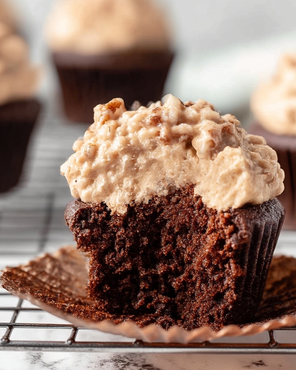The image shows a close-up of a chocolate cupcake with a thick layer of light brown frosting that has a rough texture with small nut pieces mixed in, covering the top completely. The cupcake is partially eaten, revealing a dense, moist, dark brown cake inside with a slightly crumbly texture. The cupcake sits on a metal cooling rack with a blurred white marbled surface in the background. There are other similar cupcakes blurred in the back. photo taken with an iphone --ar 4:5 --v 7