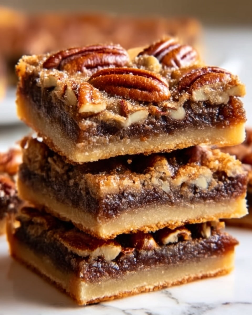 The image shows a stack of three square pecan dessert bars on a white marbled surface. Each bar has three visible layers: the bottom layer is a light golden, smooth crust; the middle layer is dark brown and sticky with a rich filling; the top layer is made of toasted pecan halves that are golden and glossy, covering the surface unevenly. The bars look thick, chewy, and slightly crumbly on the edges. Photo taken with an iphone --ar 4:5 --v 7