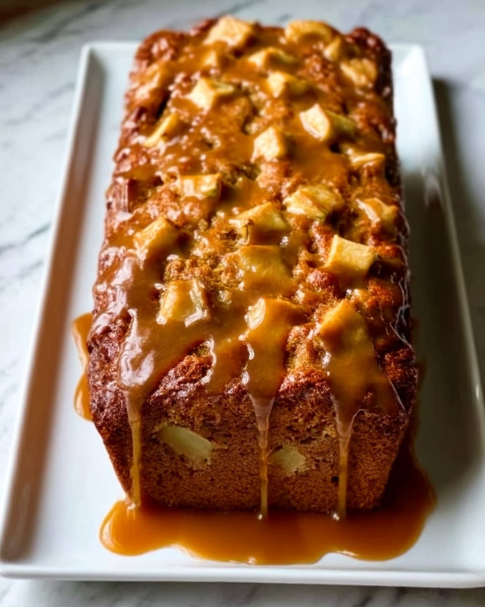 The image shows a loaf of apple cake with a golden-brown top covered in small apple pieces and a caramel glaze dripping slightly down the sides. The cake has a dense, textured surface with visible chunks of apples embedded throughout. It is placed on a plain white rectangular plate that sits on a white marbled surface in soft natural light. photo taken with an iphone --ar 4:5 --v 7