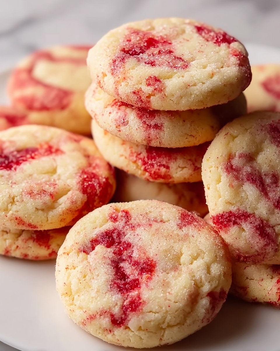 A close-up view of a small stack of seven soft, round cookies with a light cream base color spotted with bright red swirls that look like strawberry or raspberry pieces. The surface of each cookie looks slightly bumpy and sugary, with the red spots spread unevenly but covering most of the visible cookie areas. The cookies are arranged on a white plate, sitting on a white marbled background, showing off their soft texture and fresh, fruity appearance. Photo taken with an iphone --ar 4:5 --v 7