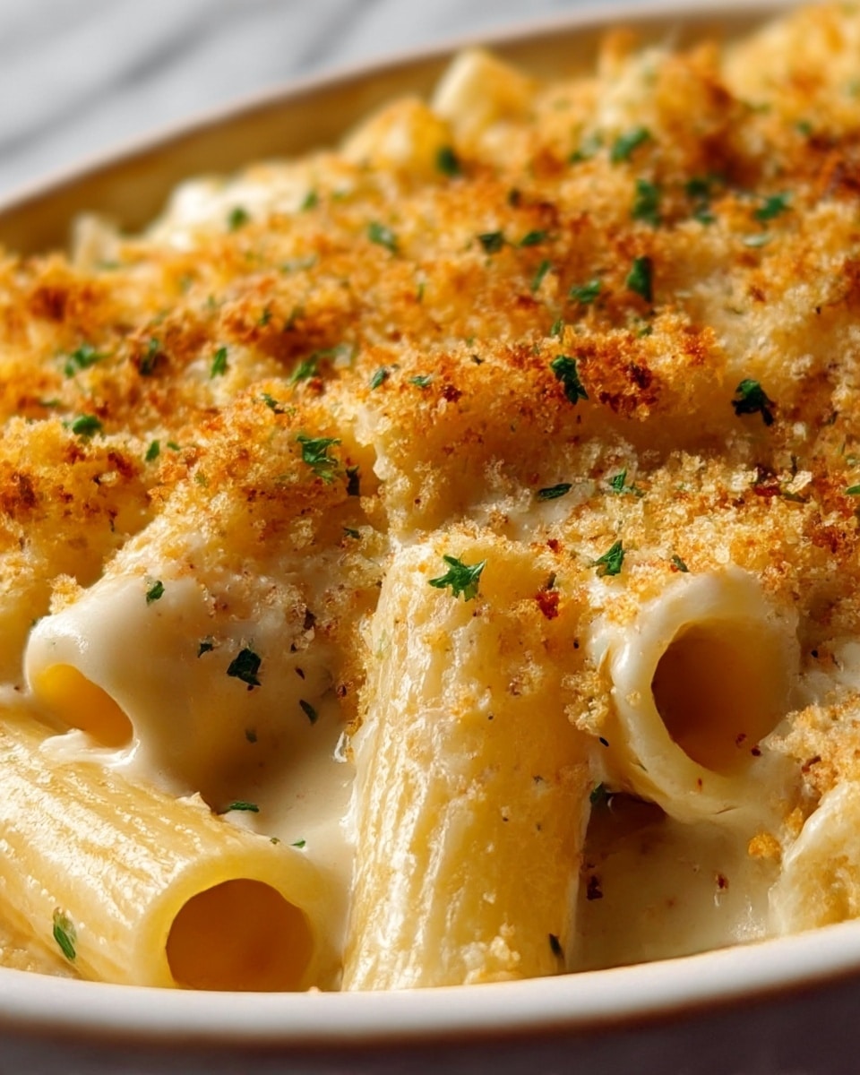 A close-up view of a creamy baked macaroni and cheese dish in a white bowl sitting on a white marbled surface, showing one layer of large rigatoni pasta covered with thick, smooth, off-white cheese sauce; the top is sprinkled with a golden brown, crunchy breadcrumb layer, textured and uneven, with small green parsley bits scattered over it, the round pasta tubes are slightly nestling into the sauce, creating a rich and inviting look. Photo taken with an iphone --ar 4:5 --v 7