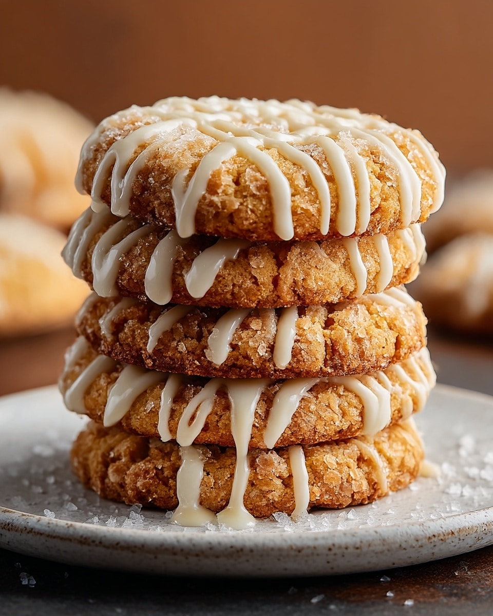 A stack of four round cookies with a golden-brown color and rough, crumbly edges is shown, each cookie topped with white icing drizzled in zigzag patterns. The cookies rest on a white plate with a slightly textured surface, and the background shows blurred elements in soft brown shades. There is a sprinkle of coarse sugar crystals around the base of the cookies, enhancing the texture. The photo highlights the detailed crumbly texture of the cookies and the glossy shine of the icing drips. photo taken with an iphone --ar 4:5 --v 7