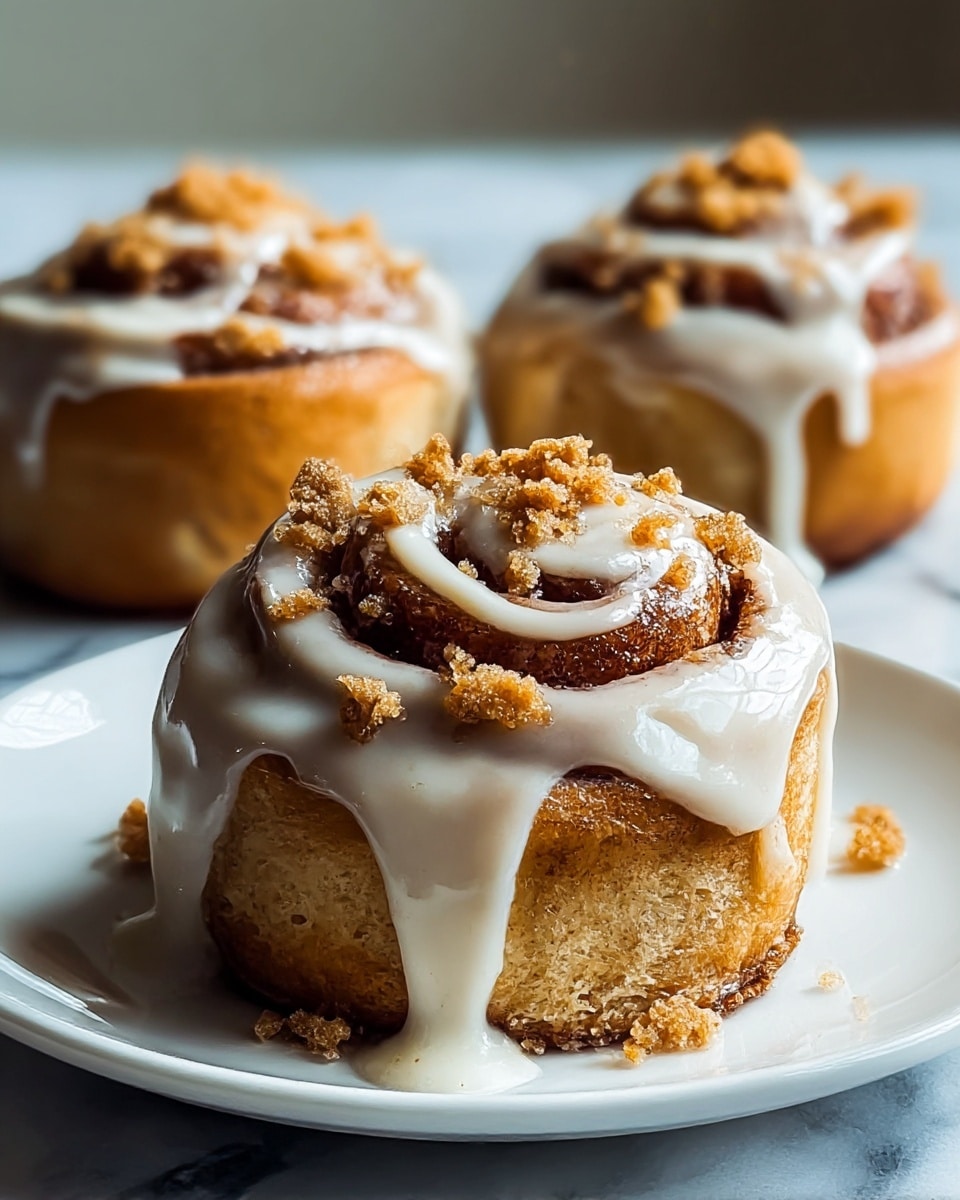 Three cinnamon rolls sit on a white plate with close-up focus on the front roll. The front cinnamon roll has two layers visible: the soft, brown swirled dough with a slightly crispy texture on the outside, and a thick layer of creamy white icing dripping down the sides. On top, small crumbly brown sugar pieces add texture. The two cinnamon rolls in the background are slightly blurred but show the same layers of dough, icing, and crumb topping. The setting is a white marbled surface. Photo taken with an iphone --ar 4:5 --v 7