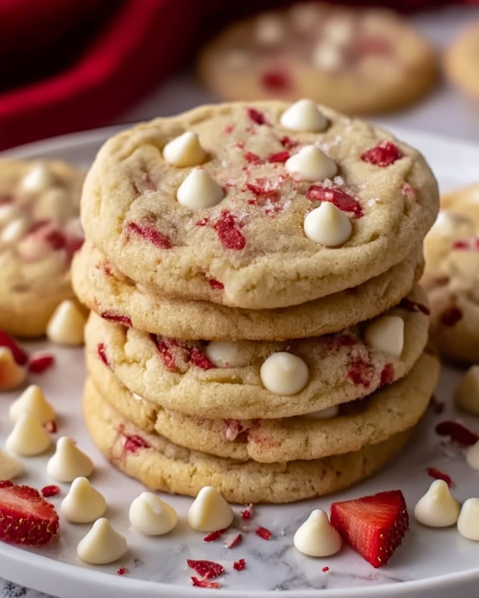 A stack of soft, round cookies sits on a white plate, each cookie showing white chocolate chips and small red strawberry pieces scattered throughout the golden-baked dough. The top cookie in the foreground is slightly flat, revealing the smooth texture of the dough mixed with the dotted white chocolate chips and vibrant red strawberry bits. Around the plate, there are more white chocolate chips and strawberry slices scattered loosely, enhancing the fresh and sweet look. The scene is set on a white marbled surface, with a blurred red object in the background. Photo taken with an iphone --ar 4:5 --v 7