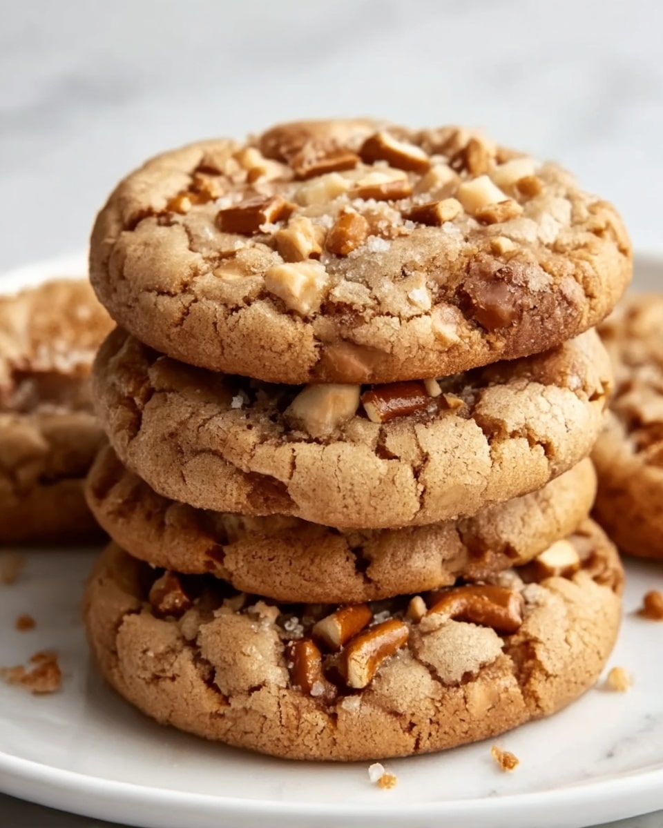 The image shows four soft cookies stacked close together on a white plate resting on a white marbled surface. The cookies have a cracked top layer with a light brown color and visible small pieces of chopped nuts and pretzel bits scattered across their surface, adding texture and a mix of tan and darker brown shades. The cookies appear thick with a slightly chewy center showing through the cracks. Photo taken with an iphone --ar 4:5 --v 7