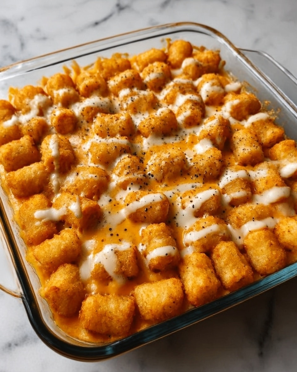 The image shows a clear square glass baking dish filled with golden brown, round tater tots that appear crispy on the outside. The tater tots form the bottom and top layers, with a creamy, light orange sauce visible in the middle layer, creating a textured look. Creamy white sauce is drizzled over the top layer of tater tots in small, uneven patches, with some black pepper sprinkled on top. The dish is placed on a white marbled surface. photo taken with an iphone --ar 4:5 --v 7