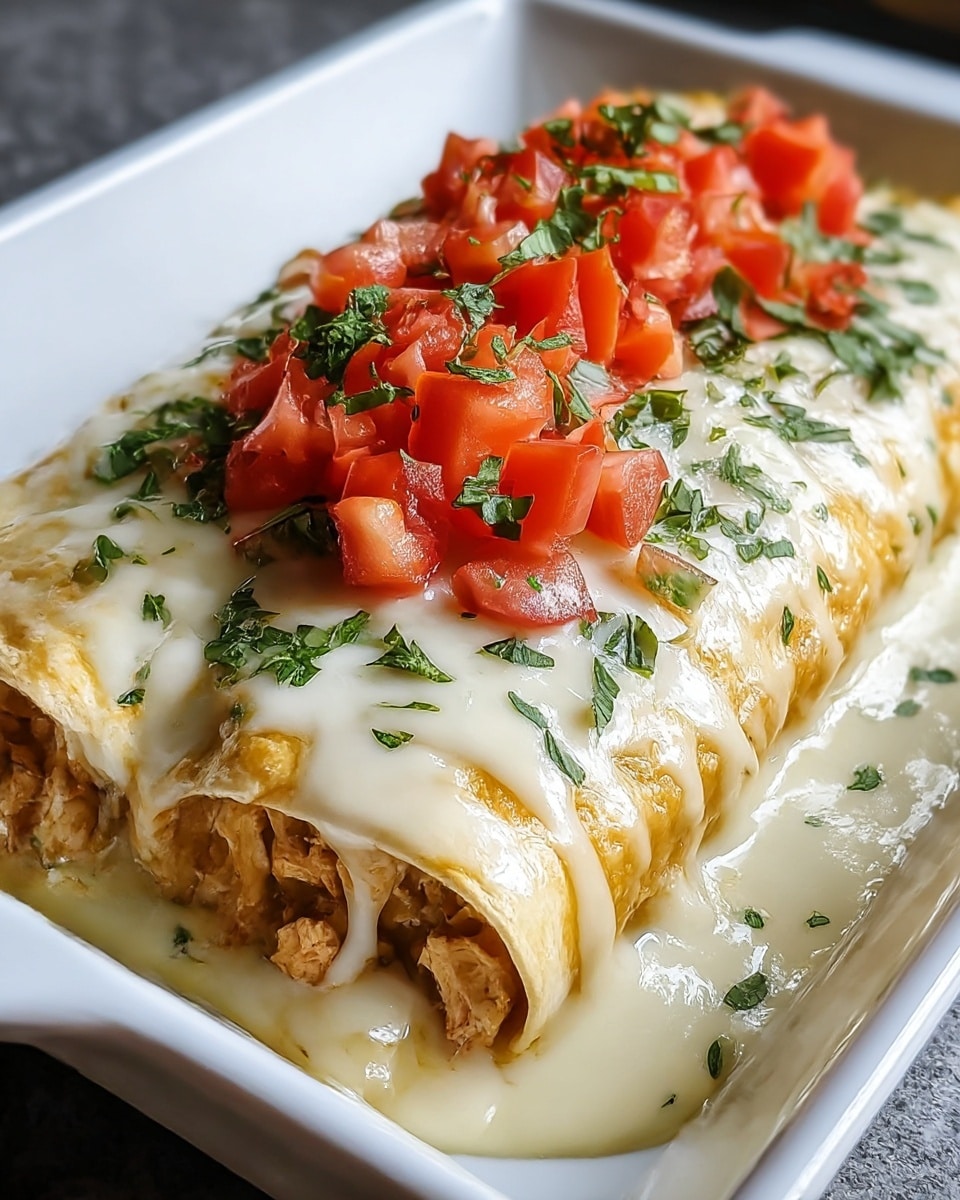 A white plate holds two rolled tortillas filled with a mixture of ground meat and beans. The tortillas are covered with a creamy white sauce and melted orange cheese, scattered with small pieces of red tomato and green chopped cilantro. The creamy sauce has black pepper specks on top. The plate sits on a white marbled surface, with a blurred lime wedge and other ingredients in the background. Photo taken with an iphone --ar 4:5 --v 7