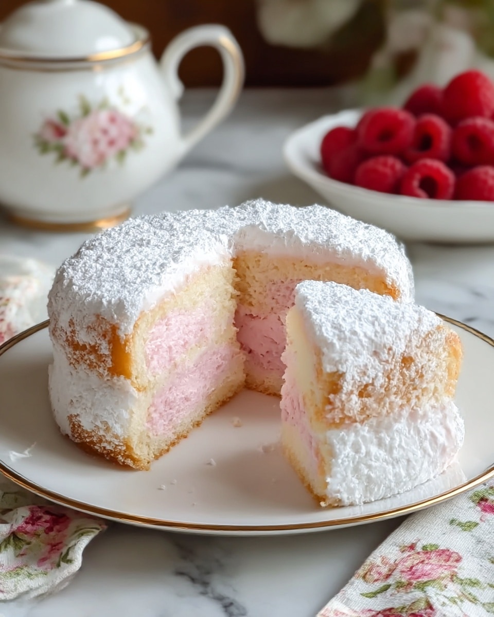 A small round cake with two layers is shown, with the outside covered in white powdered sugar and soft white icing. The top layer is light pink, soft, and fluffy, slightly uneven in texture, while the outer edges are pale golden. The cake is cut into pieces, revealing the pink sponge inside. The cake sits on a white plate with a thin gold rim, placed on a white marbled surface with a floral cloth nearby. In the background, there is a white teapot with a floral design and a white plate holding fresh red raspberries. Photo taken with an iphone --ar 4:5 --v 7