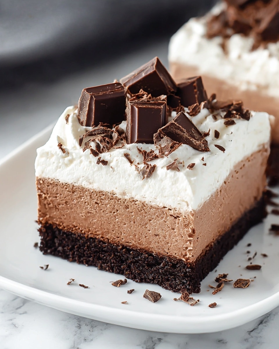 A three-layer dessert cut into square slices sits on a white rectangular plate on a white marbled surface. The bottom layer is dark and crumbly cake, the middle is a smooth light brown mousse-like filling, and the top layer is fluffy white cream. On top of the white cream are large chunks of chocolate and small chocolate shavings scattered around. The edges of the dessert are cleanly cut, showing the distinct layers clearly. Photo taken with an iphone --ar 4:5 --v 7