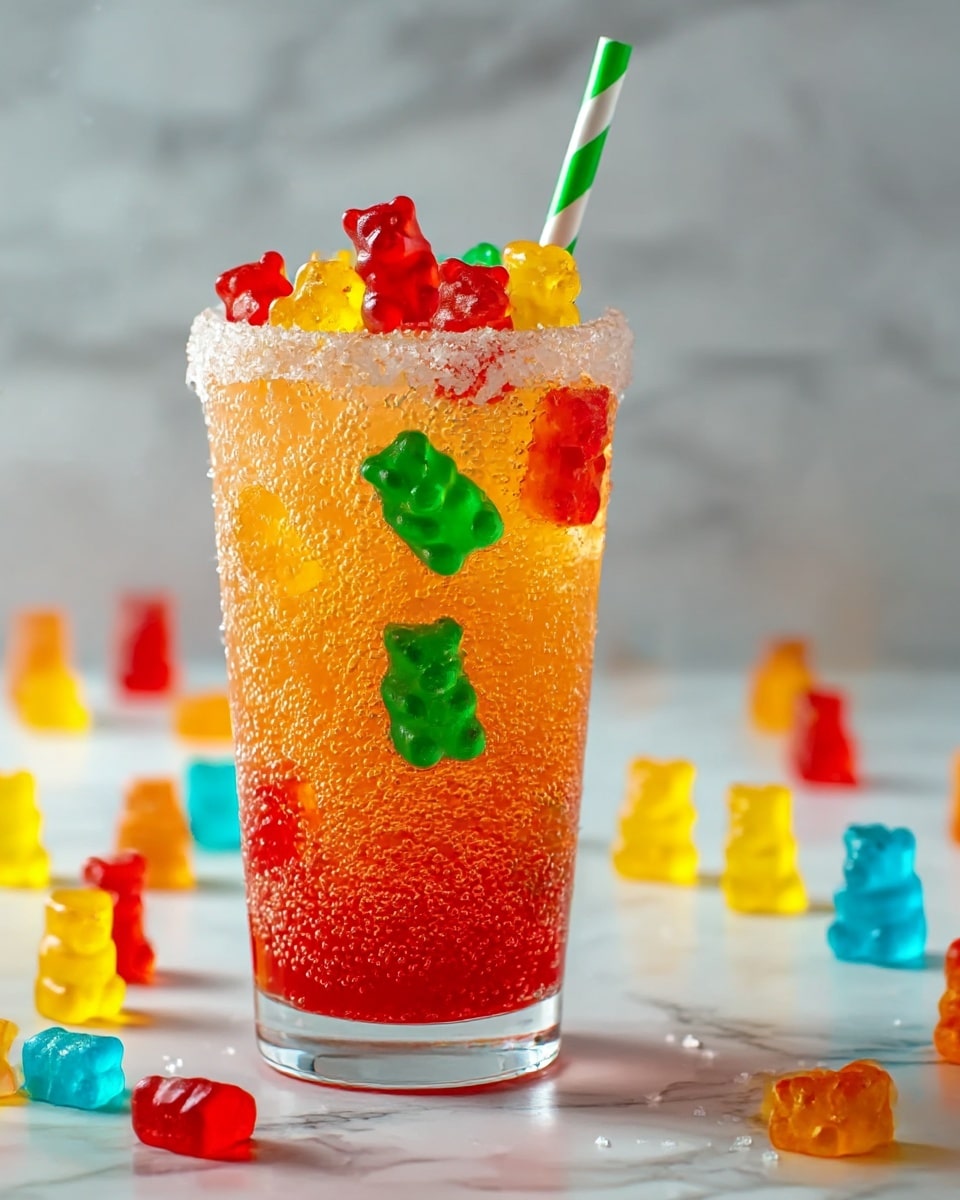 A tall clear glass filled with a bubbly orange-colored drink has several colorful gummy bears floating throughout. The drink layers show a denser red color settling at the bottom, blending gradually into the orange middle layer, with gummy bears in red, yellow, and green colors visible inside and piled on top. The glass rim is coated with sugar crystals, adding texture. A striped green and white paper straw stands upright on the right side of the glass. More gummy bears in red, yellow, green, and blue colors lie scattered around the glass on a white marbled surface in the background. The image captures the bubbles on the glass and inside the drink in high detail. photo taken with an iphone --ar 4:5 --v 7