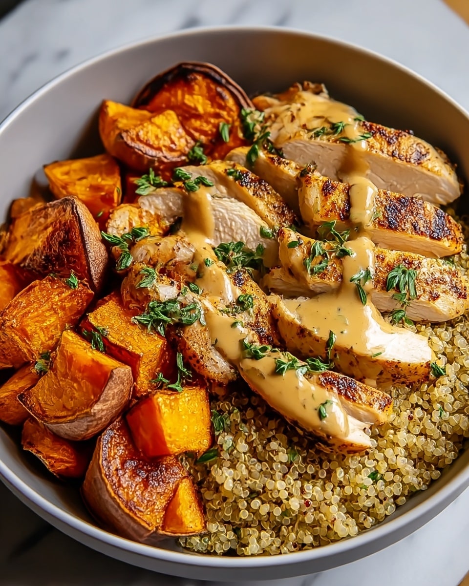 In a deep white bowl, the bottom layer is light yellow quinoa with a soft, grainy texture. On one side, there are bright orange roasted sweet potato chunks with a slightly charred, crispy surface. At the center, several slices of grilled chicken breast display golden-brown grill marks, covered with a creamy, beige mustard sauce that has a smooth and glossy finish. Fresh green herbs are sprinkled on top of the chicken and sweet potatoes, adding a touch of vibrant color. The bowl sits on a white marbled surface. photo taken with an iphone --ar 4:5 --v 7