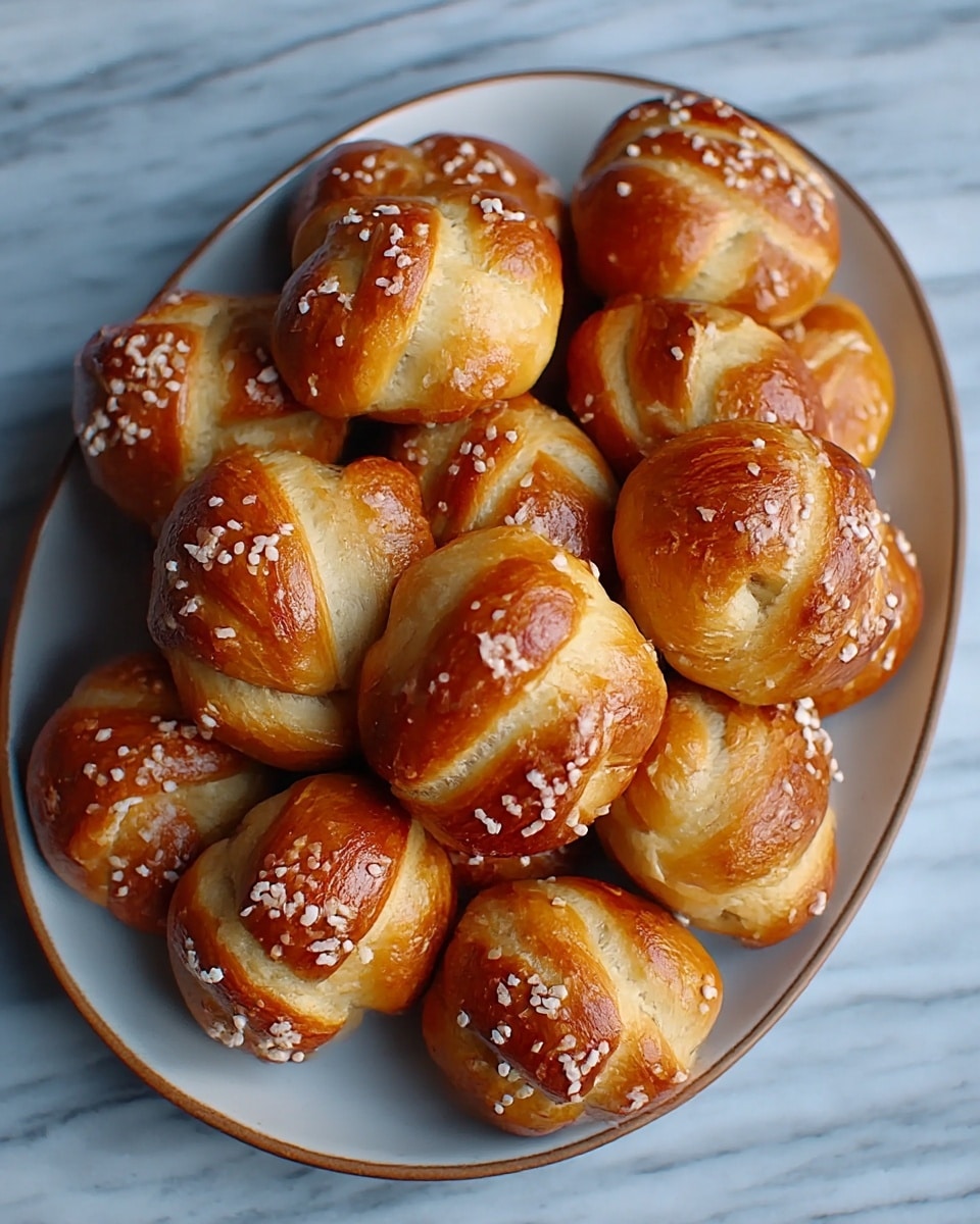 A white oval plate filled with a pile of golden brown soft pretzel knots, each with a shiny, slightly cracked crust sprinkled with coarse white salt crystals; the knots show a twisted, rounded shape with visible light beige dough lines where the dough overlaps, all resting on a white marbled surface. Photo taken with an iphone --ar 4:5 --v 7