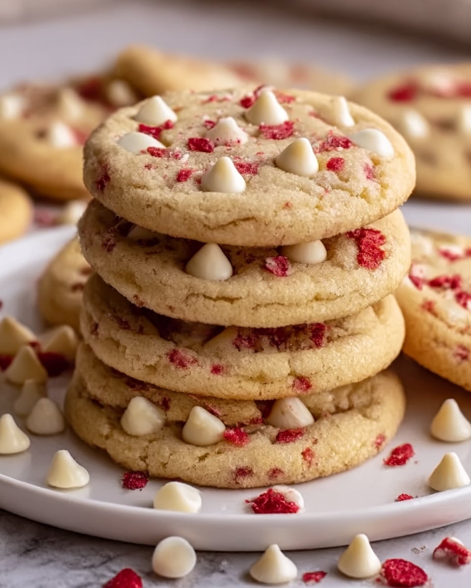 A stack of round cookies with a soft, light golden color sits on a white plate set on a white marbled surface. Each cookie is topped with white chocolate chips and pieces of red strawberry bits scattered evenly across the surface. The cookies have a slightly cracked texture with a soft, chewy look. The plate is surrounded by more white chocolate chips and small strawberry pieces, adding to the colorful and inviting look. Photo taken with an iphone --ar 4:5 --v 7