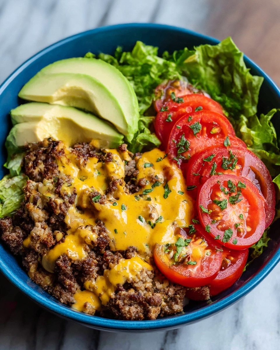 A blue bowl holds a colorful layered dish on a white marbled surface. The bottom layer is green leafy lettuce with fresh, vibrant slices of avocado fanned out on one side. Next to the avocado are bright red, thick slices of tomatoes garnished with small green herbs. The main layer is cooked ground beef with a crunchy dark brown texture, drizzled generously with smooth, glossy yellow cheese sauce. The dish is arranged in clear sections, showing fresh and rich ingredients. photo taken with an iphone --ar 4:5 --v 7