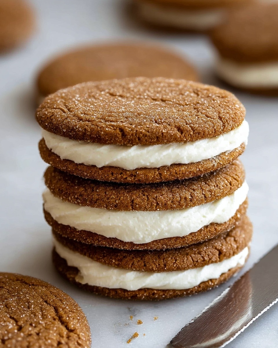 A close-up of a stack of three sandwich cookies, each made of two round, brown ginger snap cookies with a coarse sugar texture on the surface, sandwiching a thick layer of smooth, white cream filling. The cookies have a slightly cracked texture, and the cream filling is evenly spread between the cookie layers. Around the stack, there are a few more ginger snap cookies on a white marbled surface, with the edge of a metal butter knife visible in the foreground. photo taken with an iphone --ar 4:5 --v 7