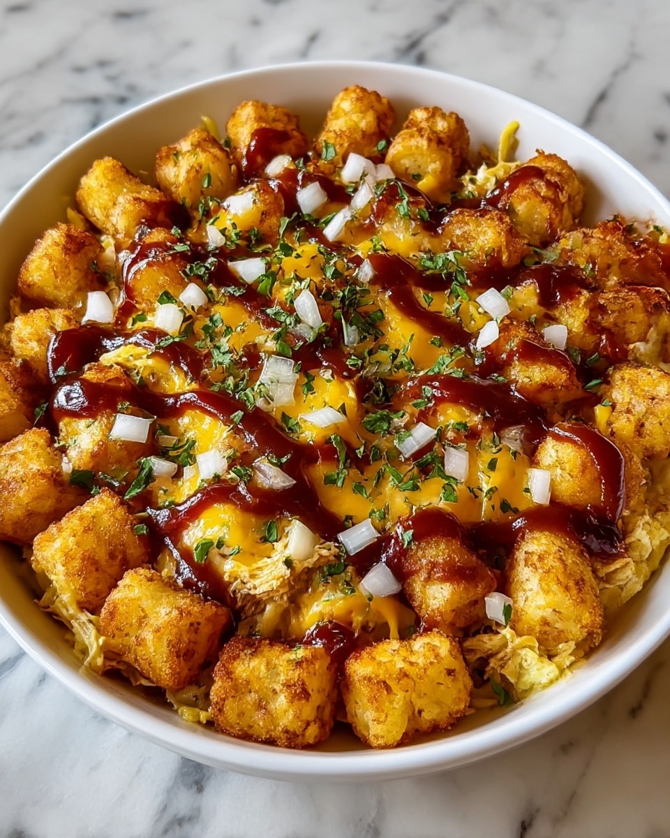 The dish is served in a white bowl, filled with a single layer of golden brown tater tots, each one crispy with a slightly rough texture. Beneath the tater tots is a mix of shredded chicken and melted cheese, creating a creamy and slightly stringy yellow and white base. A rich, dark brown barbecue sauce is drizzled evenly over the top, adding shine and contrast. Small pieces of finely chopped white onions are scattered throughout, along with a sprinkle of fresh green herbs for color. The bowl sits on a white marbled surface. Photo taken with an iphone --ar 4:5 --v 7