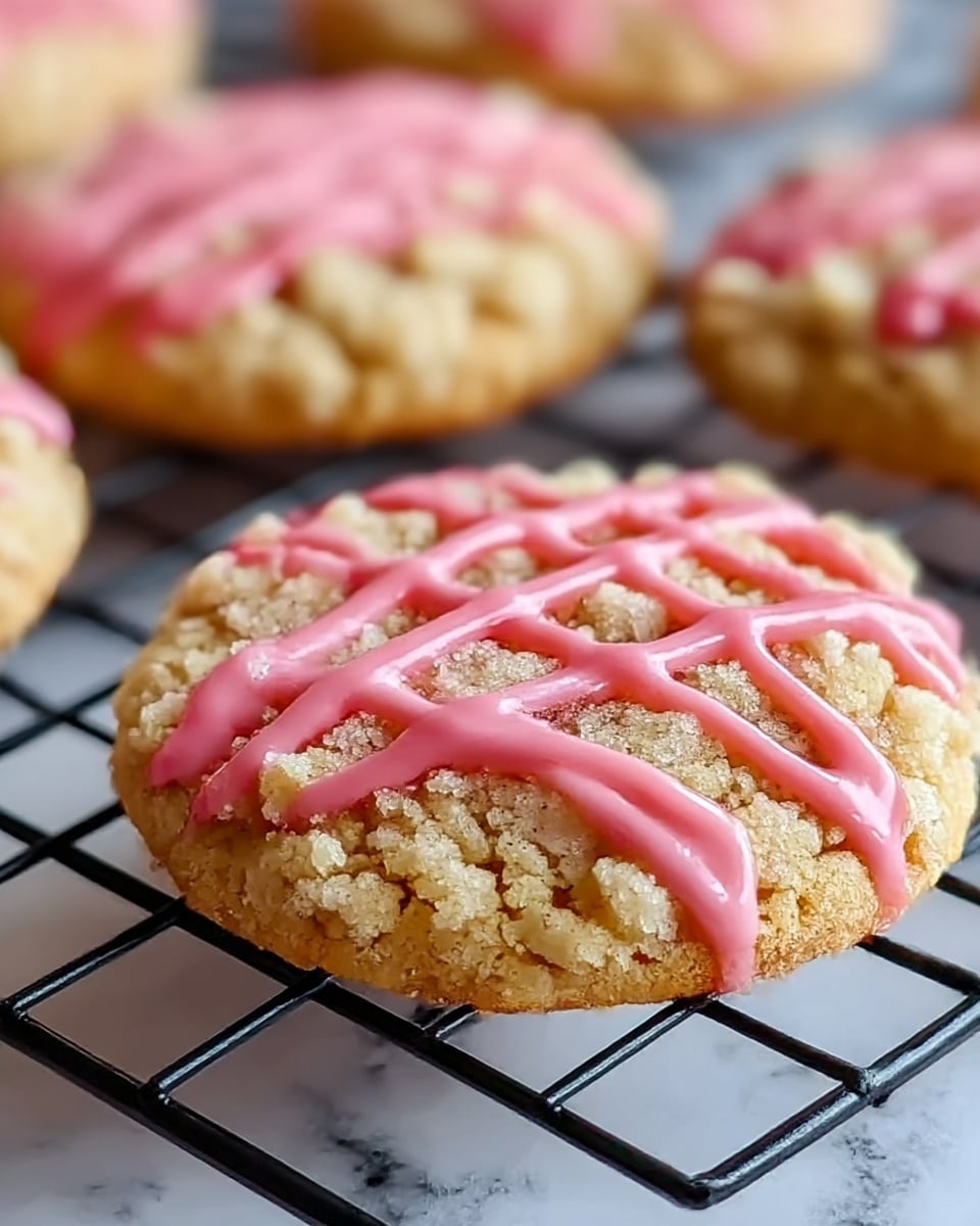 The image shows a close-up of a crumb-topped cookie resting on a black wire cooling rack set on a white marbled surface. The cookie has a light golden crumb layer covering its surface, with rough, crumbly texture. On top, bright pink glaze is drizzled in thick, even lines across the cookie, adding a smooth and shiny contrast to the crumbly base. Other similar cookies, all also topped with crumb and pink drizzle, fill the background softly out of focus. The overall look is warm and inviting, highlighting the textured crumbs and vibrant pink glaze on the round cookies. Photo taken with an iphone --ar 4:5 --v 7